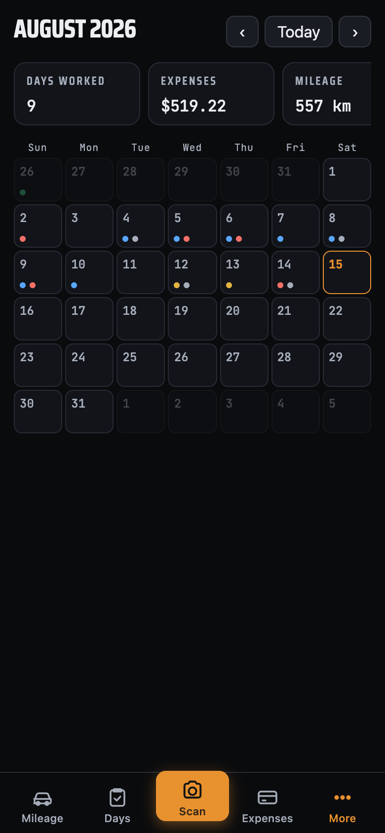 ConsultantBooks calendar showing days worked, expenses, and mileage for the month
