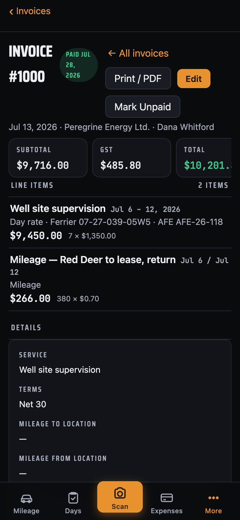 An invoice with day-rate and mileage line items carrying well, rig, and AFE details