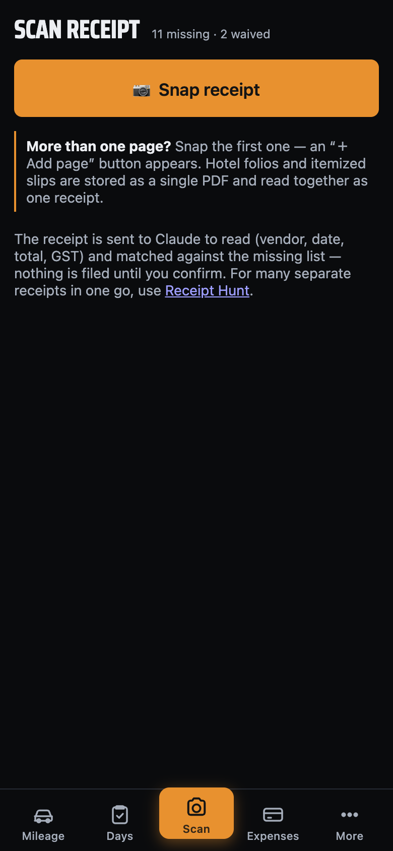 The Scan screen, ready to snap a receipt and match it to an expense