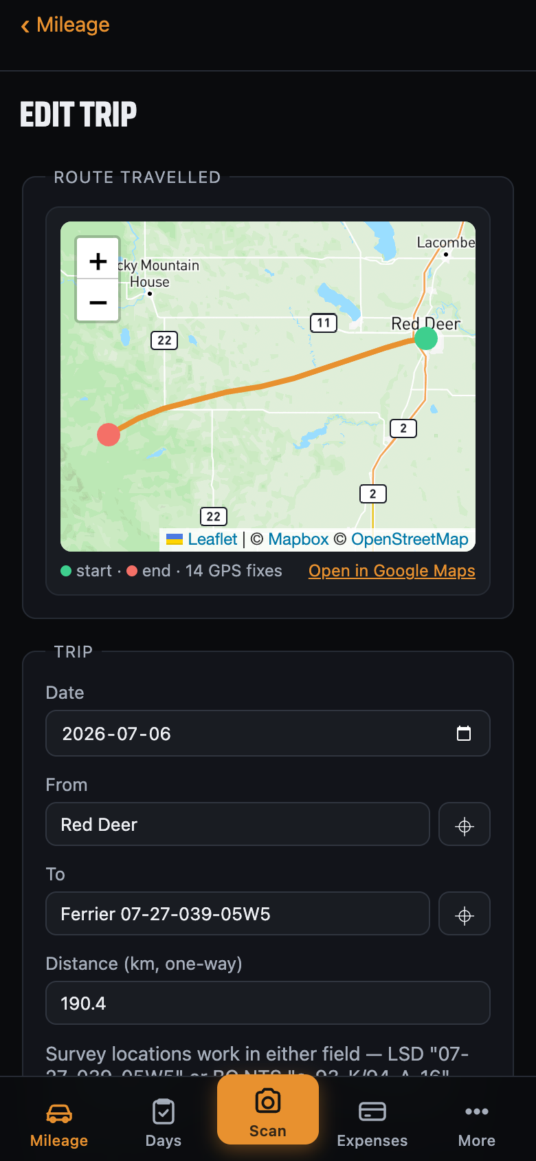 A tracked trip's GPS route from Red Deer to a lease, drawn on a map